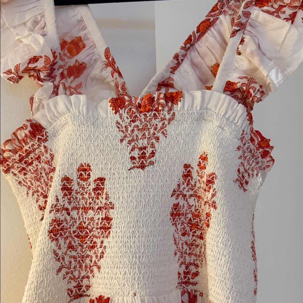 Smocked Square-Neck White Maxi Dress with Blue Floral Print - Picture 6 of 10